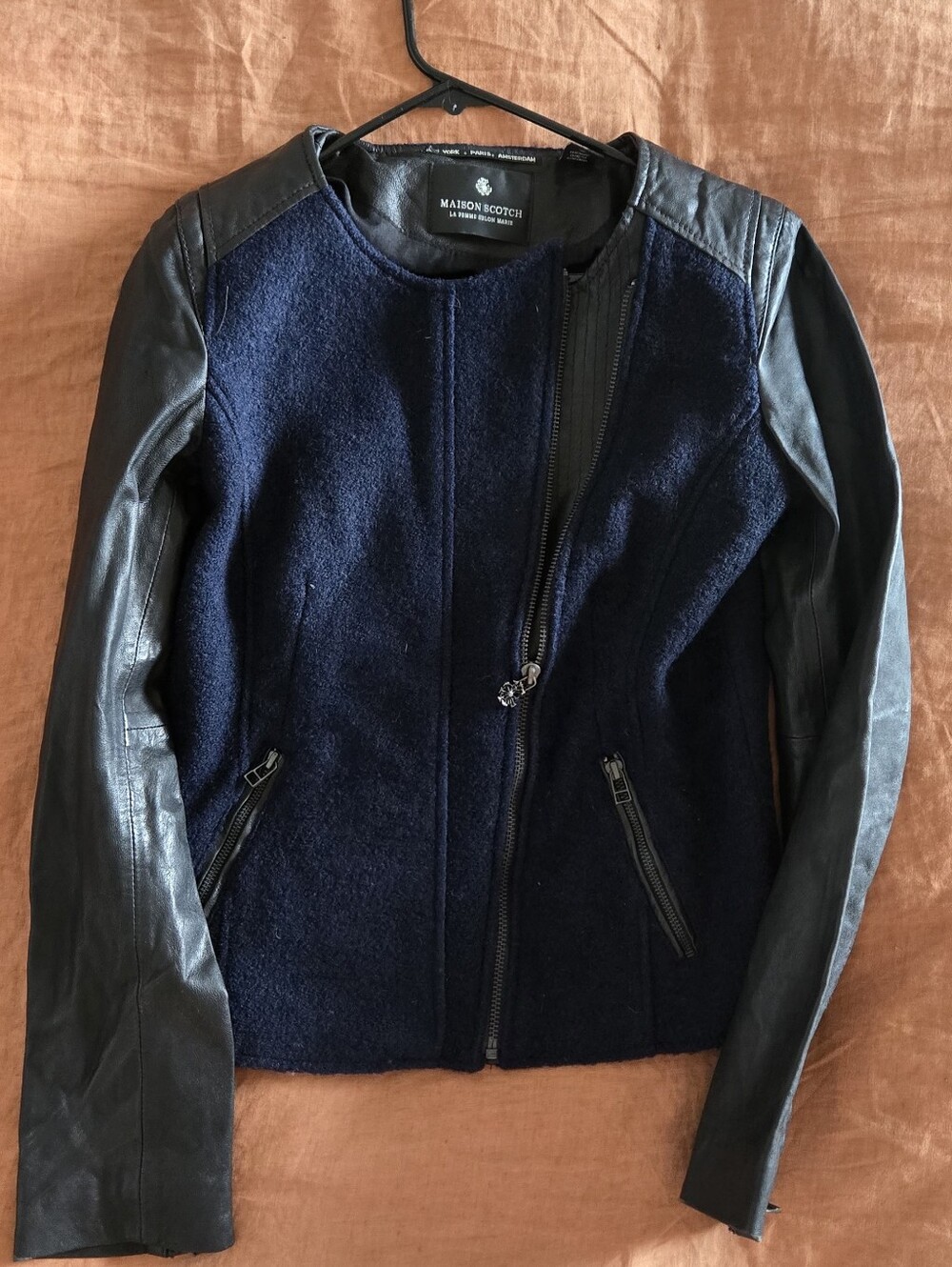 Scotch & Soda Navy and Black Leather And wool Off Center Zip Jacket